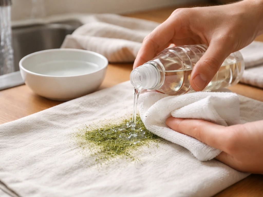 Chiffon et coton appliquant du vinaigre blanc sur une tache d’herbe, avec rinçage à l’eau visible.