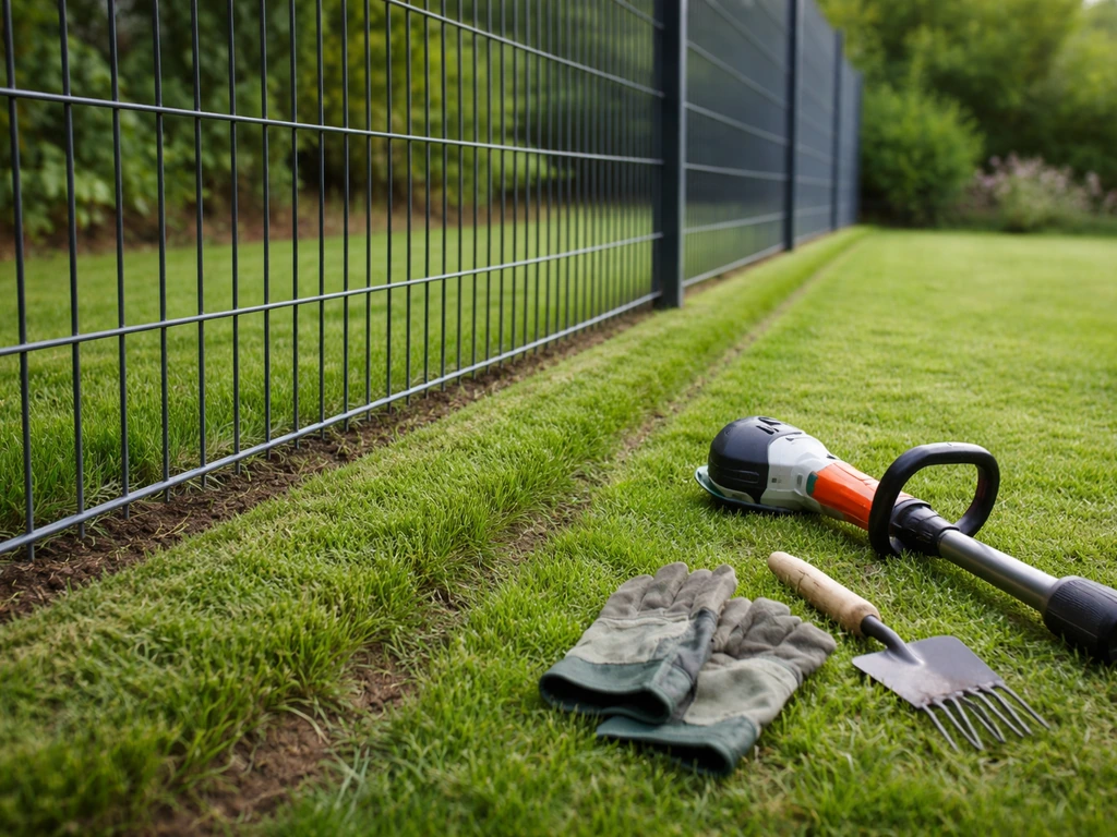 Jardin avec une bordure de grillage : herbe coupée net, outils de jardin visibles sur le sol.