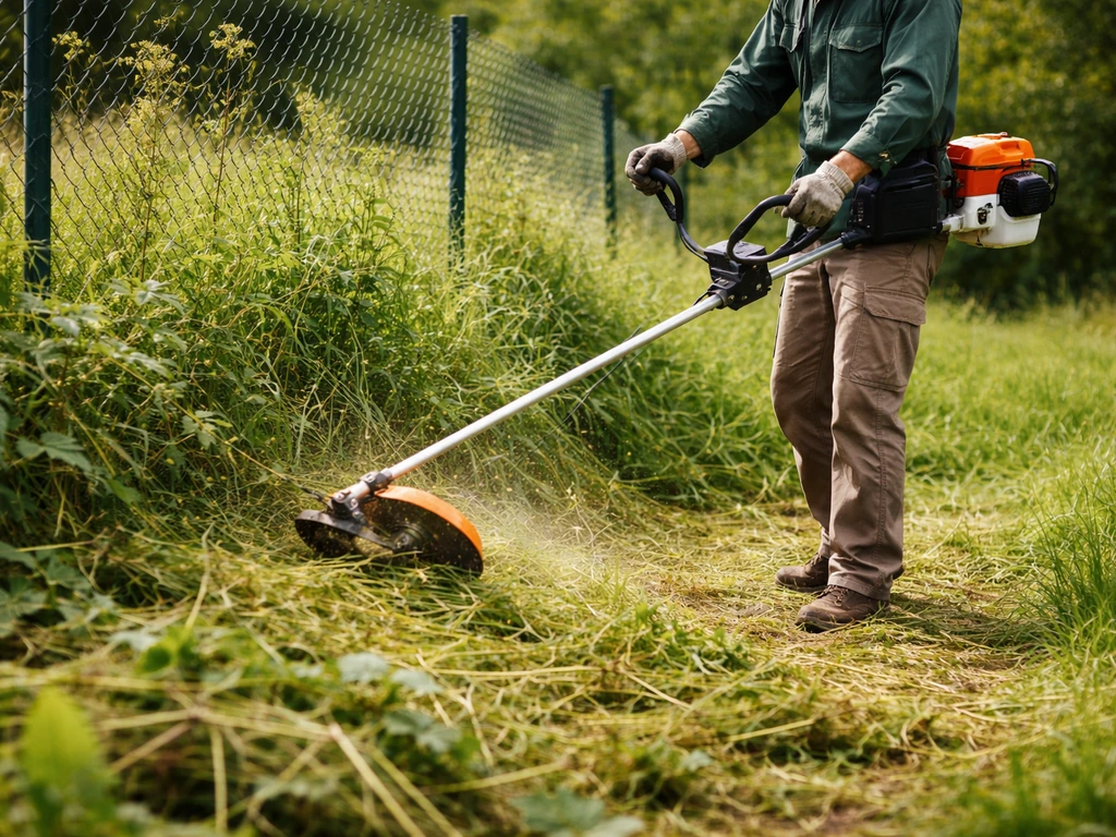 Débroussailleuse en action dans des herbes hautes et ronces au pied d’un grillage, zone nettoyée.