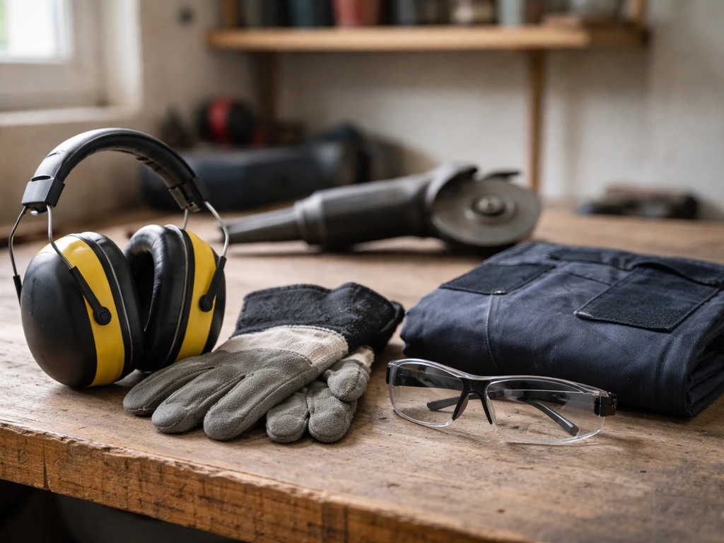 EPI de protection (lunettes, casque antibruit, gants, pantalon) posés près d’outils sur un établi d’atelier.
