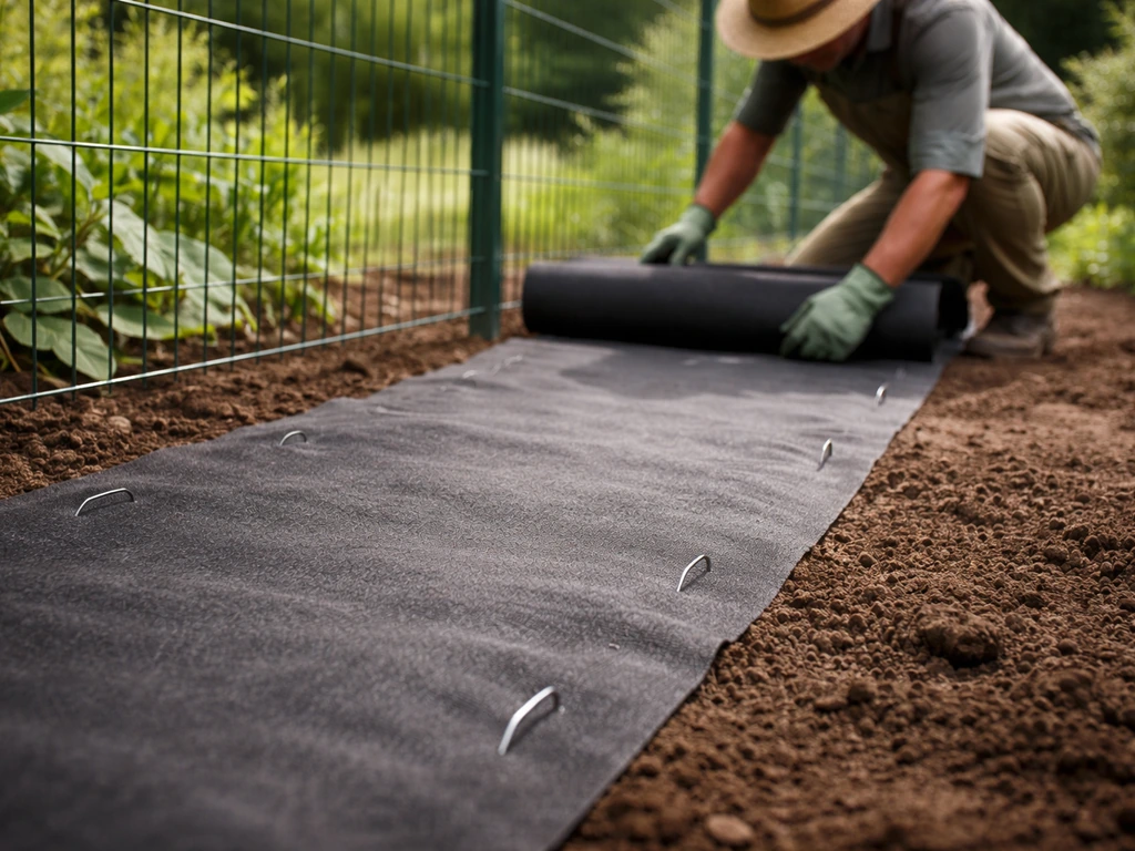 Déroulement d’une nappe géotextile anti-végétation le long d’un grillage, avec fixations visibles au sol.