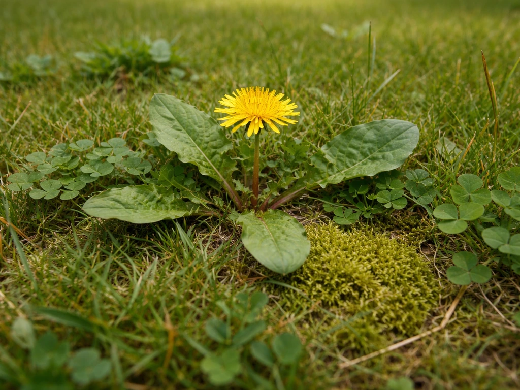 Détails de plantes typiques dans une pelouse (pissenlit, plantain, trèfle, mousse) nettement visibles.