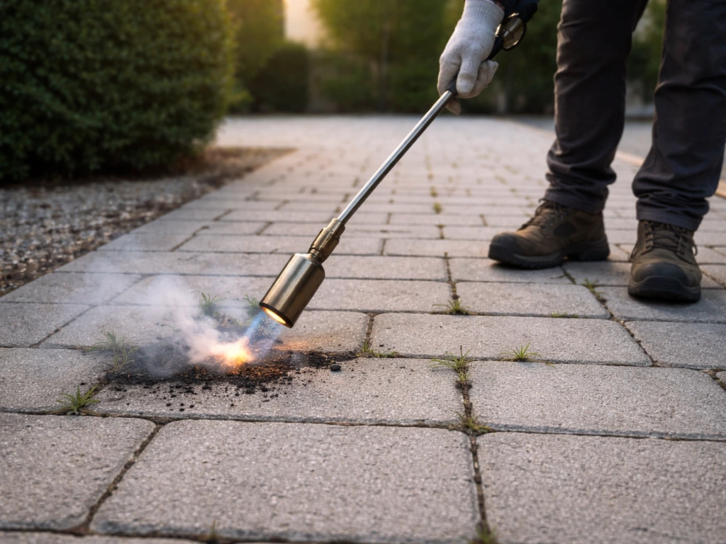 Désherbage thermique à la flamme entre les joints de pavés sur une petite allée, brûleur contrôlé.