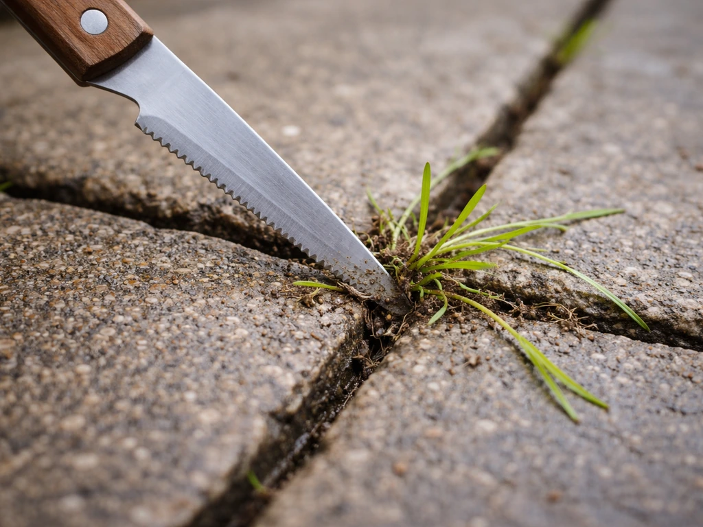 Un couteau désherbeur passe entre deux pavés pour retirer des herbes incrustées dans une fissure.