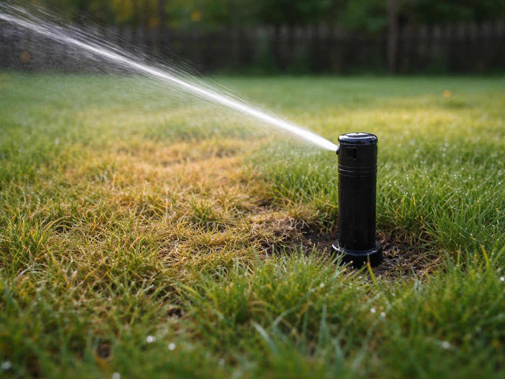 Arroseur sur une pelouse jaunie tôt le matin, eau projetée pour un arrosage en profondeur