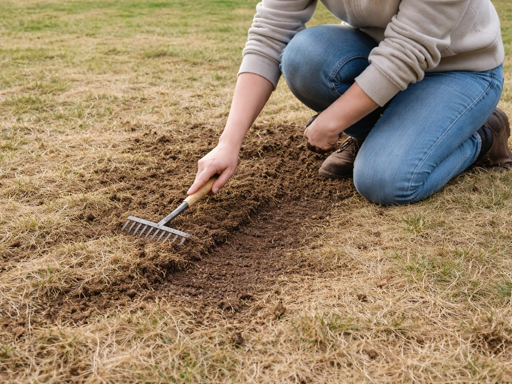 Une personne grattant et scarifiant une zone de pelouse morte pour exposer le sol avant semis.