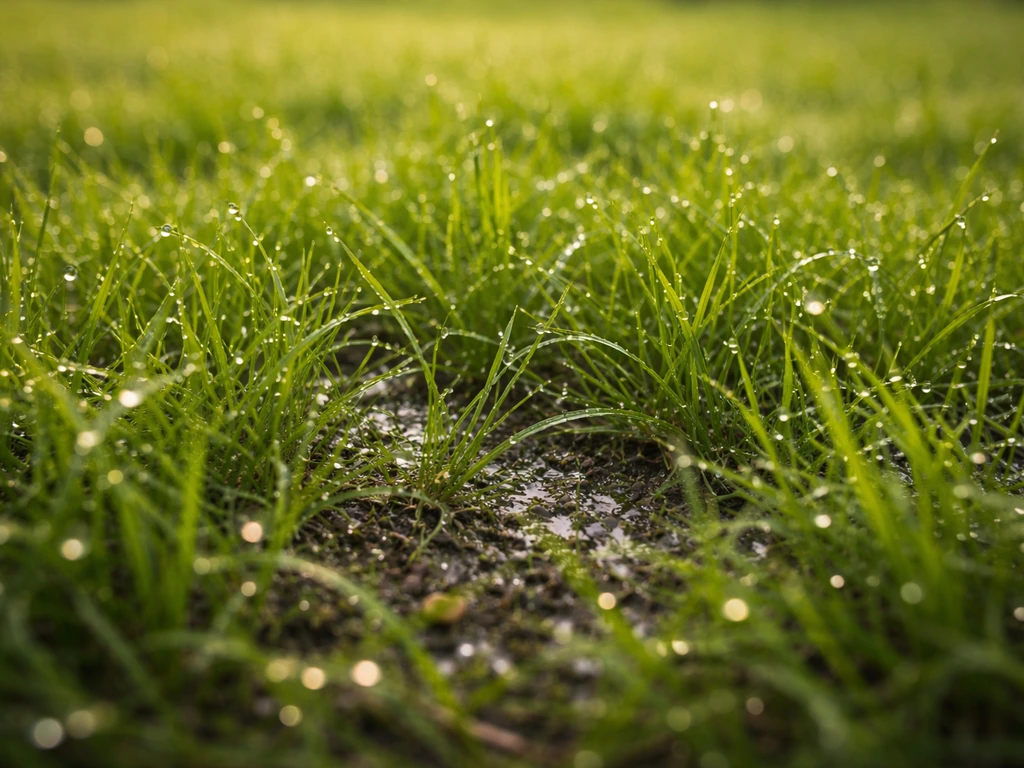 Gouttes de pluie sur une pelouse verte, lumière du matin, terre sombre entre les brins d’herbe.