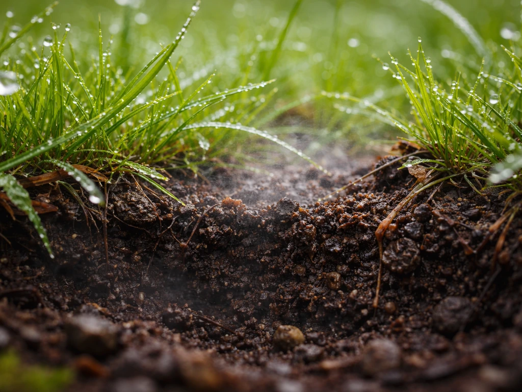 Herbe humide après la pluie, gros plan sur le sol sombre en surface avec une légère brume au ras de terre.