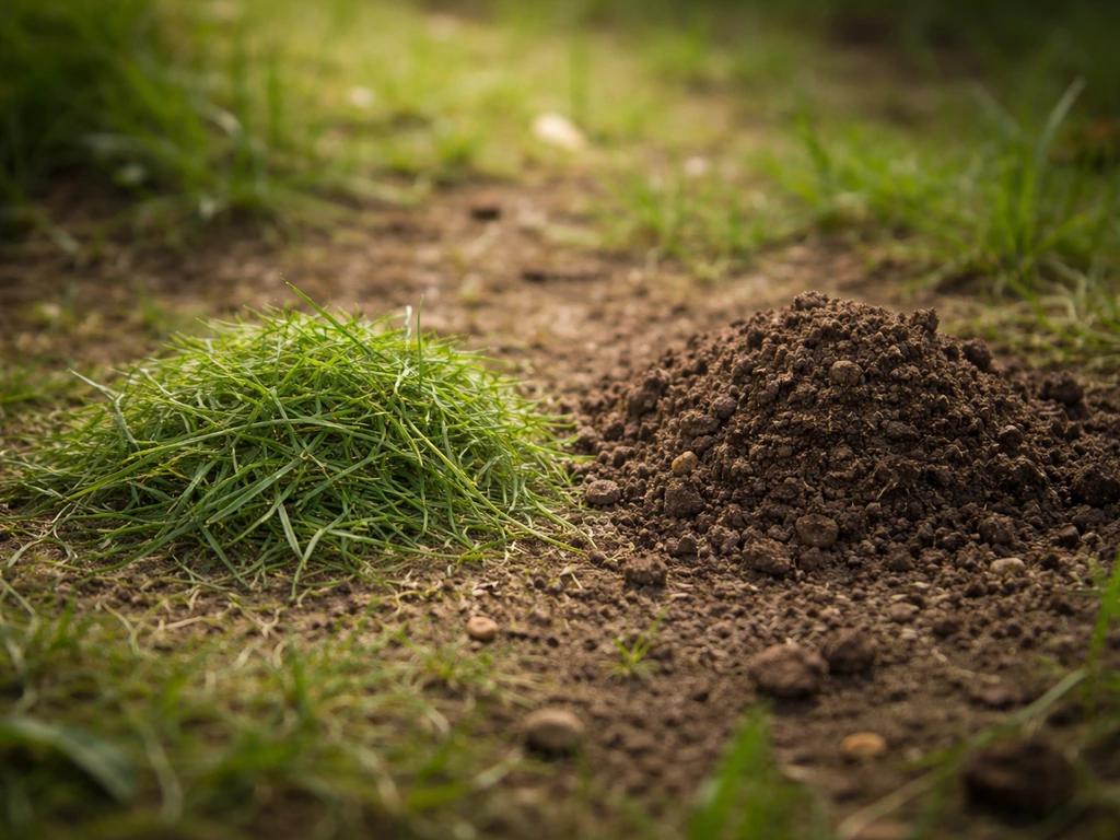 Herbe fraîche après tonte et terre légèrement humide, vue rapprochée de jardin naturel.