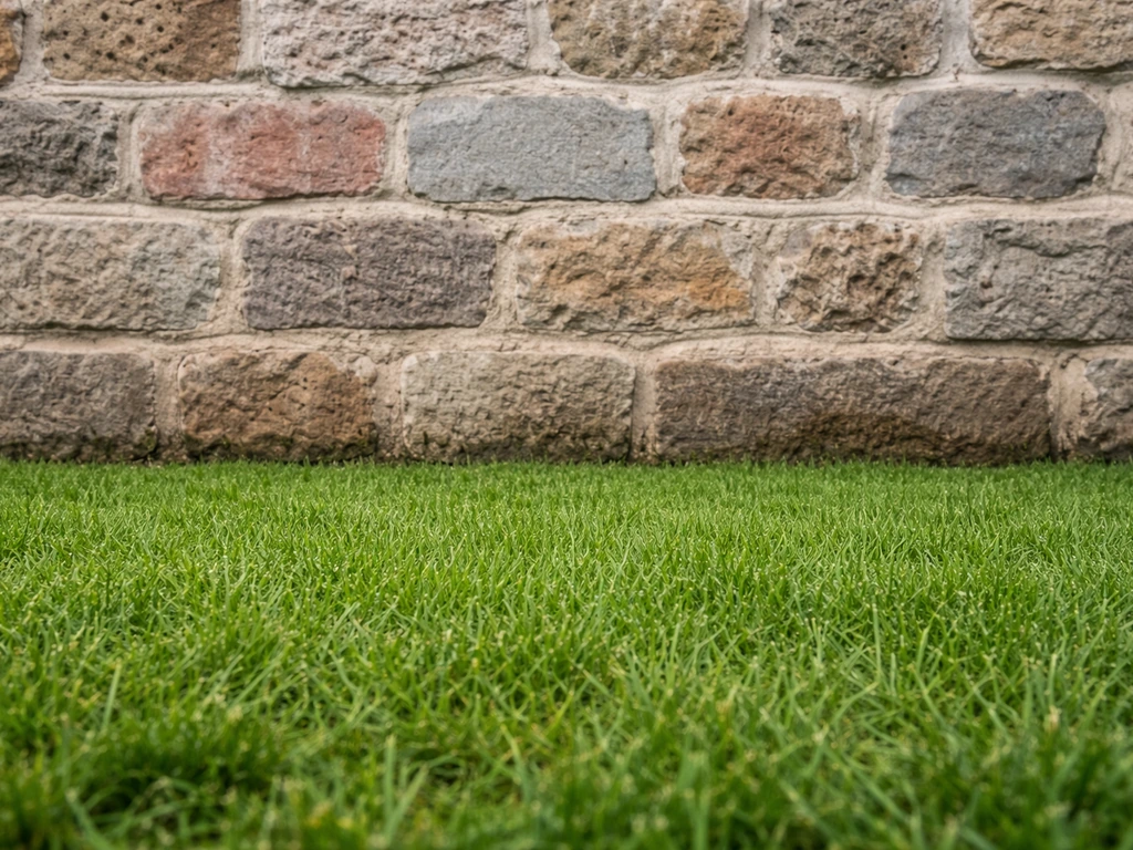 Mur en pierre avec herbe fraîchement coupée au ras, ligne nette et texture propre.