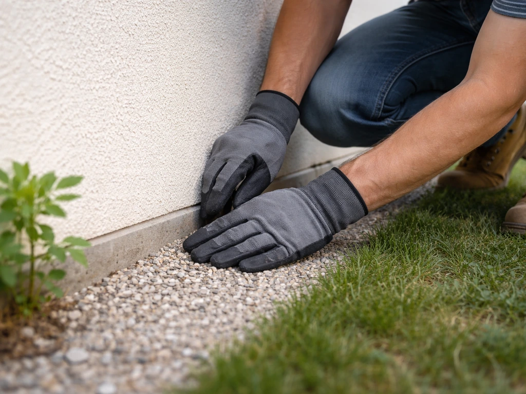 Mains gantées inspectant la bordure étroite au pied d’un mur de maison avant d’utiliser des outils.