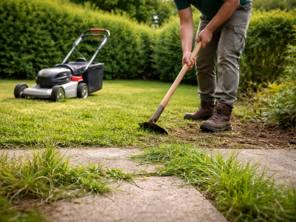 Un jardinier prépare le désherbage après avoir coupé l’herbe, avec herbes hautes au premier plan.