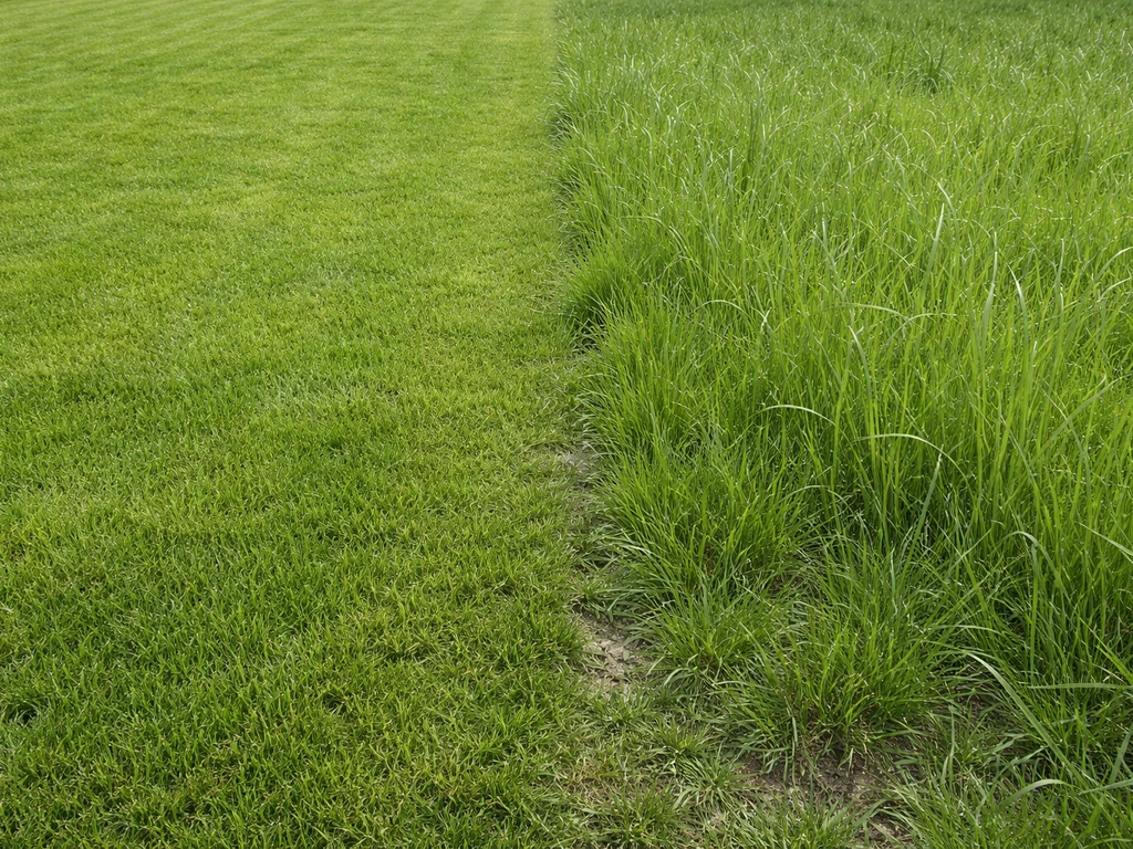 Comparaison de pelouse avec herbe à 6–8 cm avant désherbage et herbes trop hautes de l’autre côté.