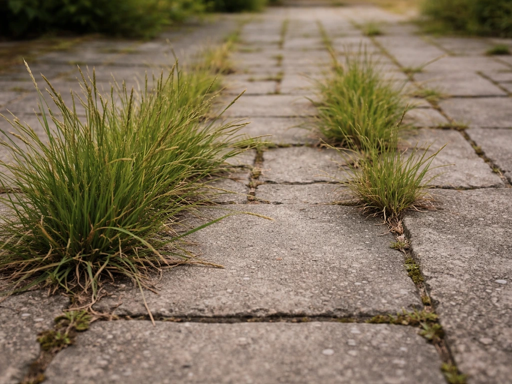 Herbes très hautes poussant dans les joints d’une allée pavée, avant une intervention de désherbage thermique.