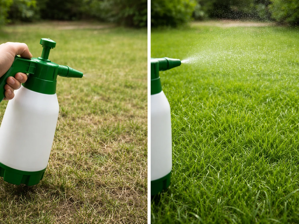Pelouse très rasée avant traitement foliaire vs gazon avec feuilles intactes, main tenant un pulvérisateur.