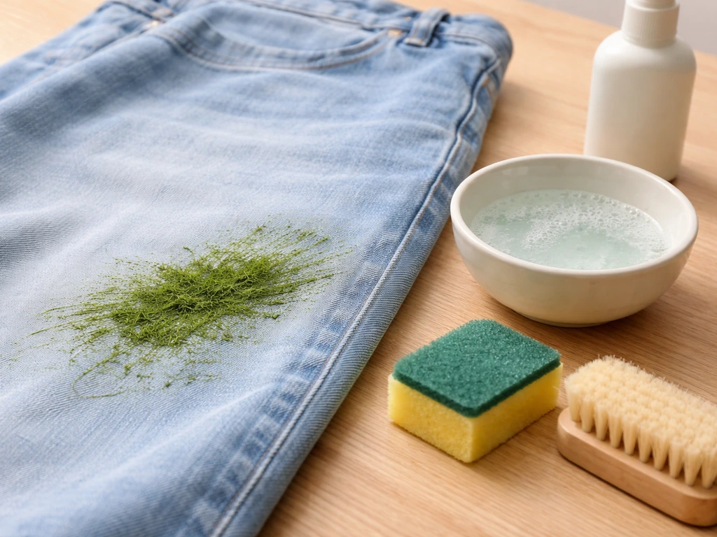 Vêtement taché de vert d’herbe, éponge et brosse, bol de solution oxygène actif et flacon de détachant.