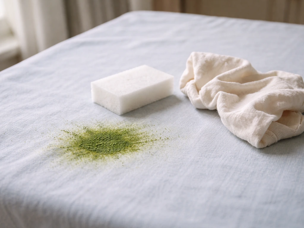 Tache de vert d’herbe fraîche sur un tissu clair, avec éponge et linge près pour enlever l’excédent.