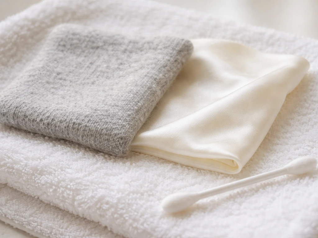 Gros plan de laine et soie posées sur une serviette blanche, avec un coton-tige propre à côté.