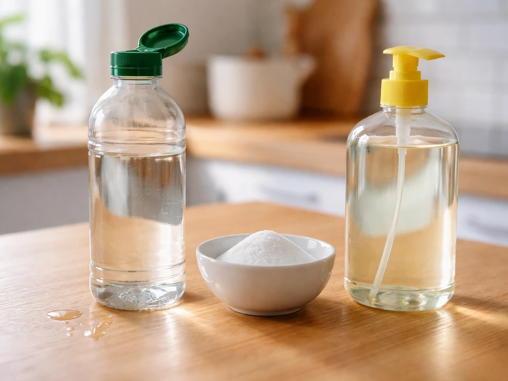 Bouteille de vinaigre blanc, sel fin et liquide vaisselle alignés sur une table de cuisine, prêt à préparer.