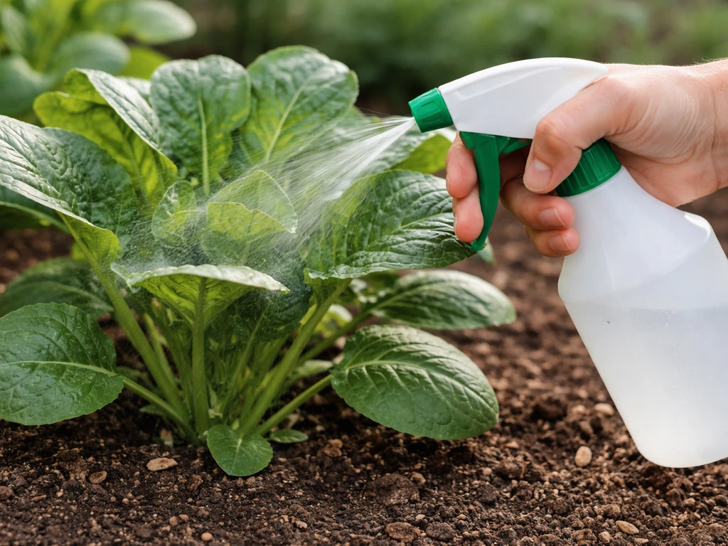 Main pulvérisant finement les feuilles et la base d’une plante, sans noyer le sol autour.