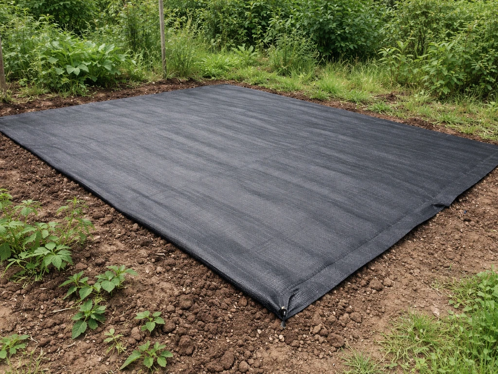 Une bâche de paillage épaisse recouvre une zone de sol pour supprimer les herbes spontanées, jardin potager.