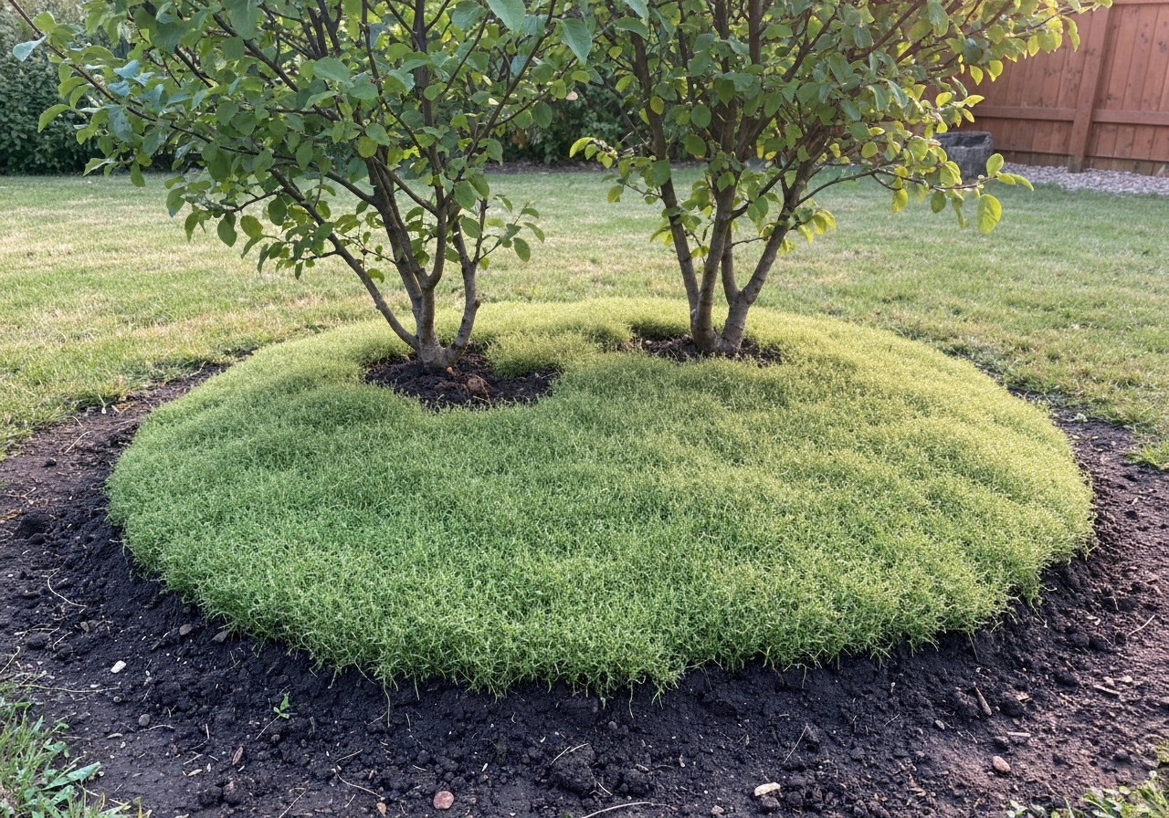 Massif de jardin avec paillis d’herbe de tonte fraîche autour d’arbustes, sol sombre humide, aspect aéré