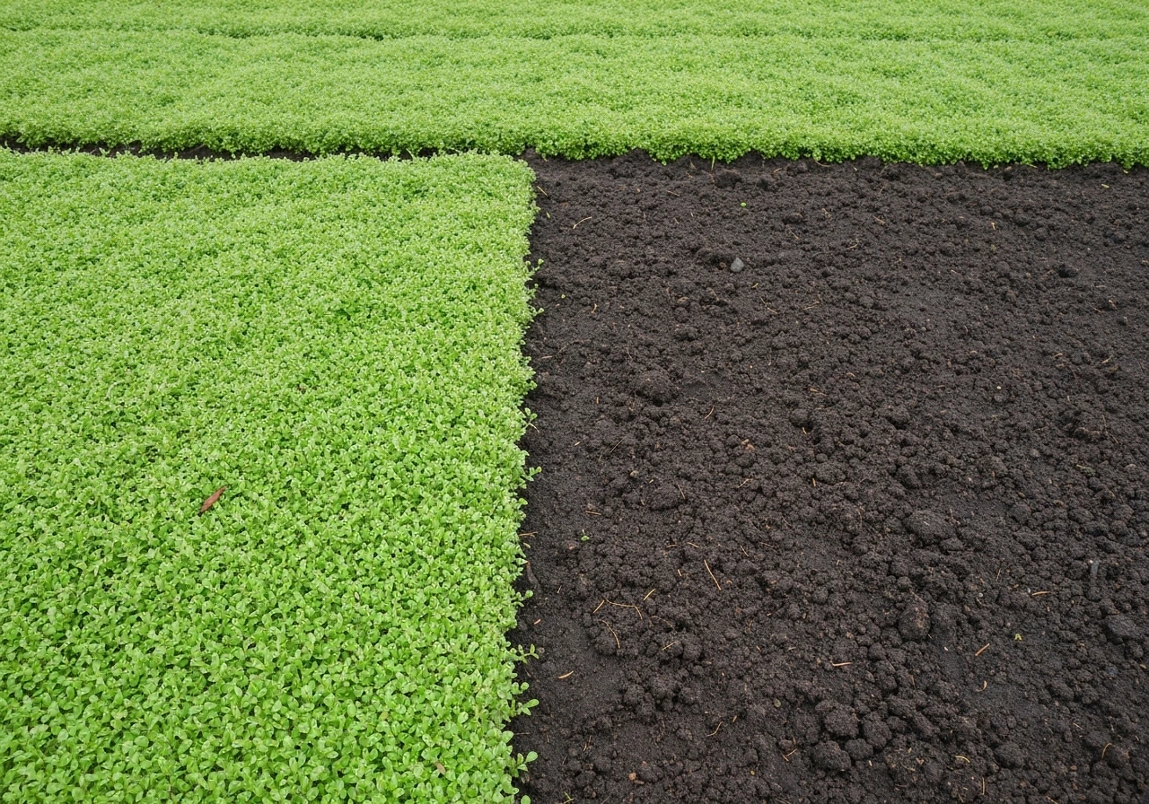 Pelouse paillée avec herbe de tonte à gauche et croûte compacte trop dense à droite.