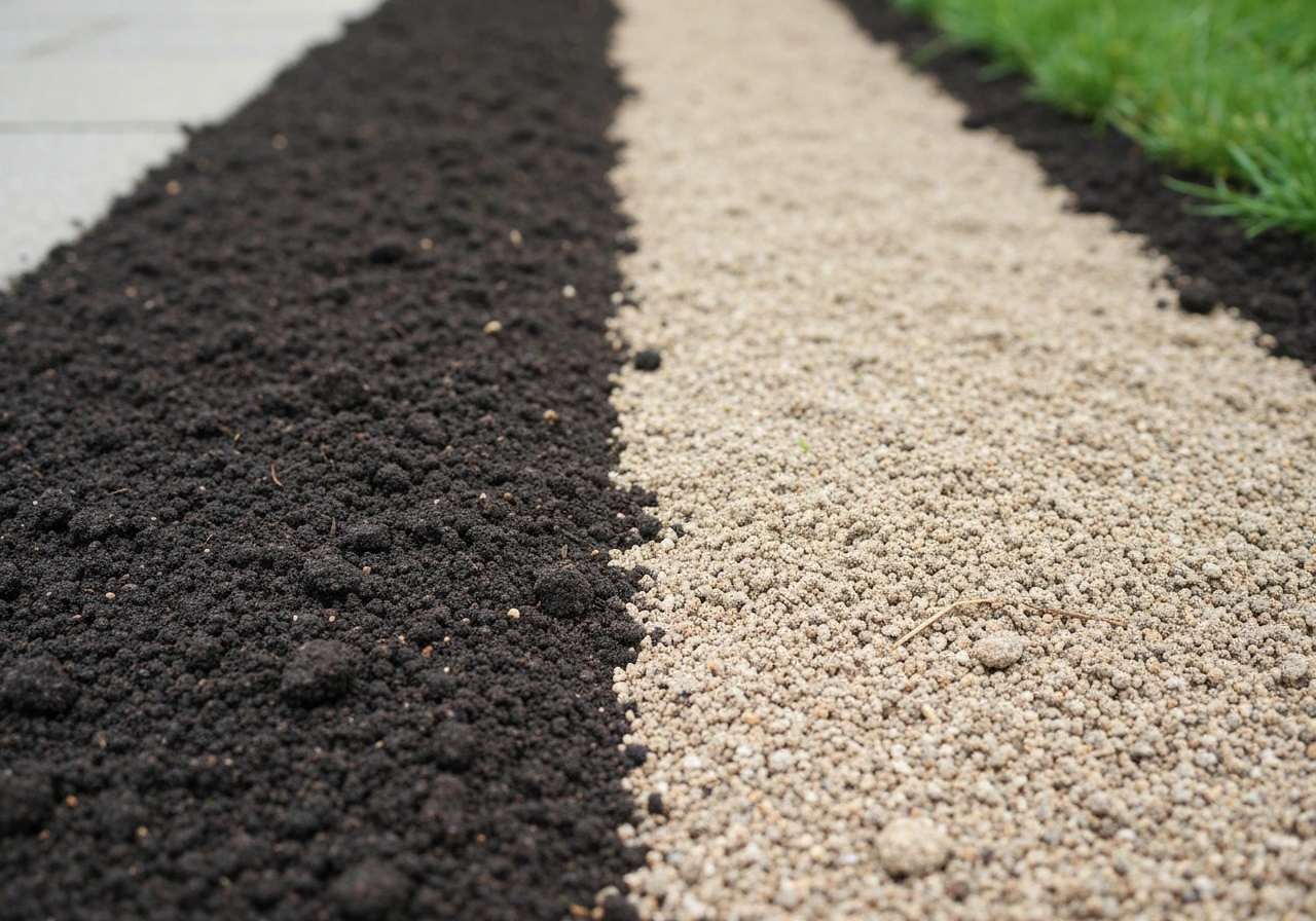 Gros plan comparatif : pelouse feutrée imperméable vs paillis aéré, texture nettement différente.