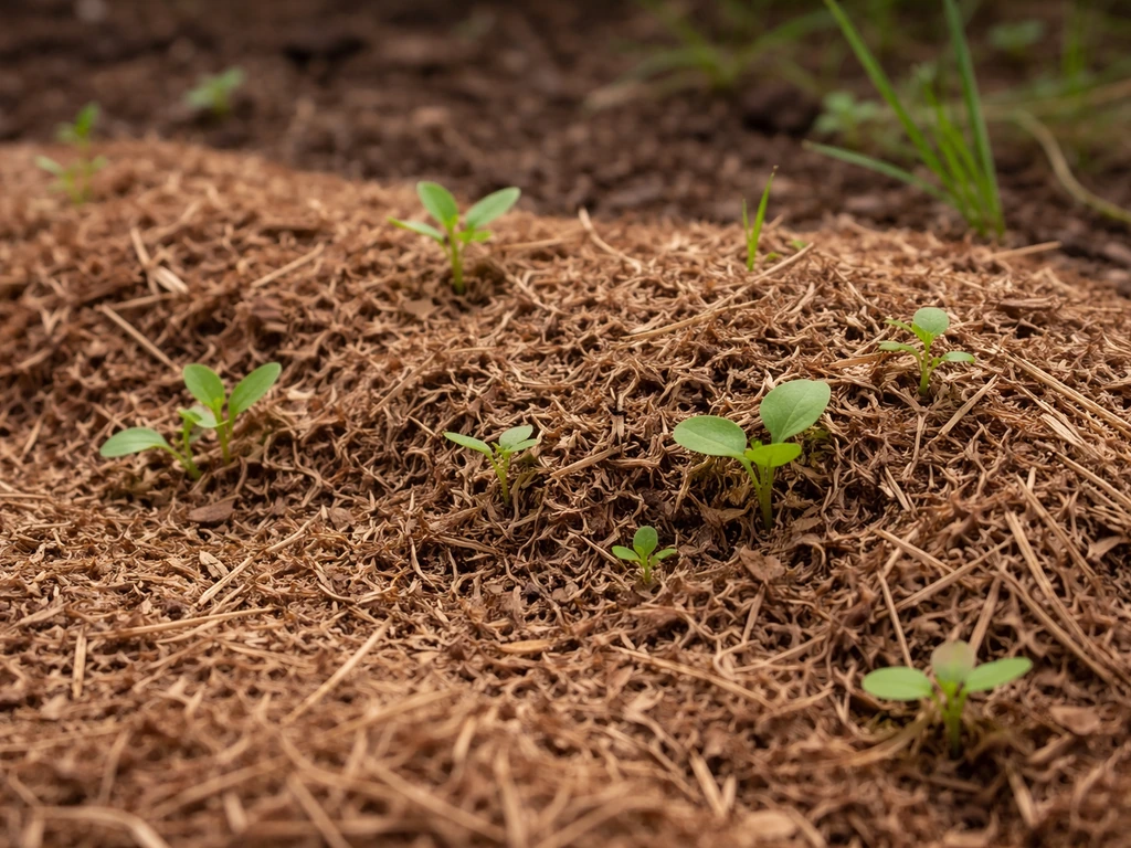 Bourrelet de paillis au sol avec de jeunes plantules qui germent, effet de graines indésirables.