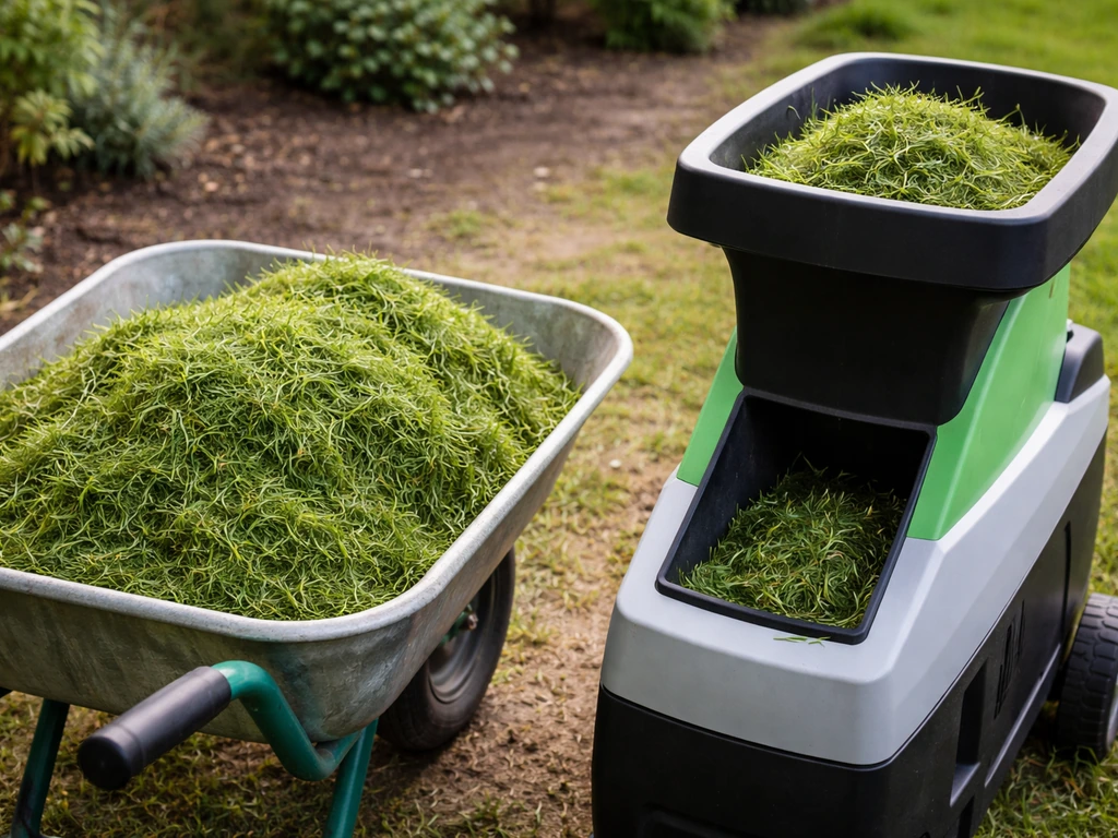 Herbe fraîche coupée prête à être versée dans la trémie d’un broyeur de végétaux, pour paillage ou compost.