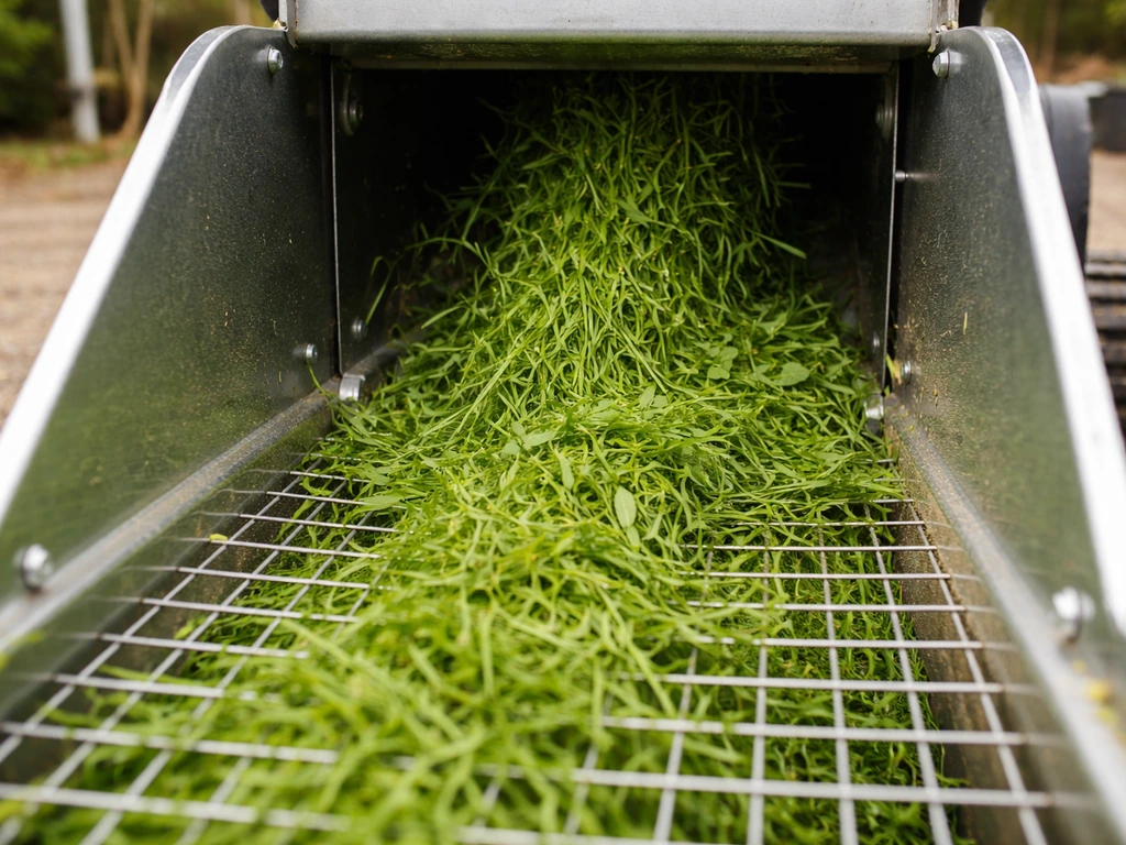 Vue de la zone d’alimentation d’un broyeur à herbe, l’herbe fraîche entre sans bourrage.