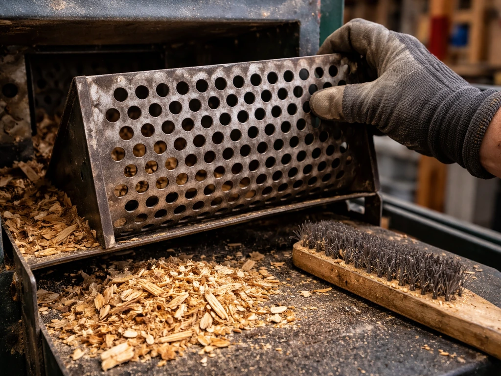 Gant tenant une grille de sortie de broyeur, brosse et résidus de broyat pour un contrôle et nettoyage.