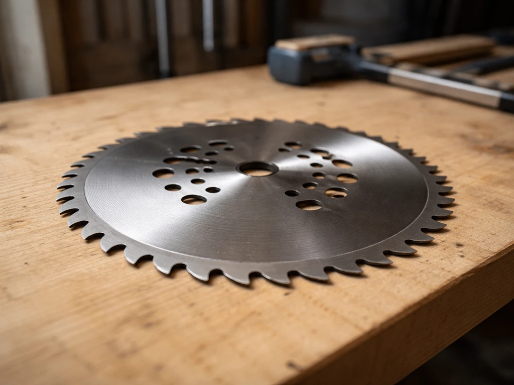 Couteau à herbe circulaire métallique denté Stihl, posé sur établi, prêt à être monté sur une débroussailleuse.