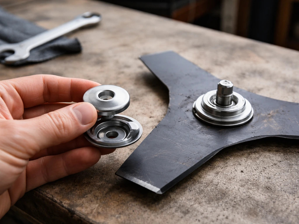 Gros plan sur le montage d’un couteau de débroussailleuse avec la rondelle orientée correctement.