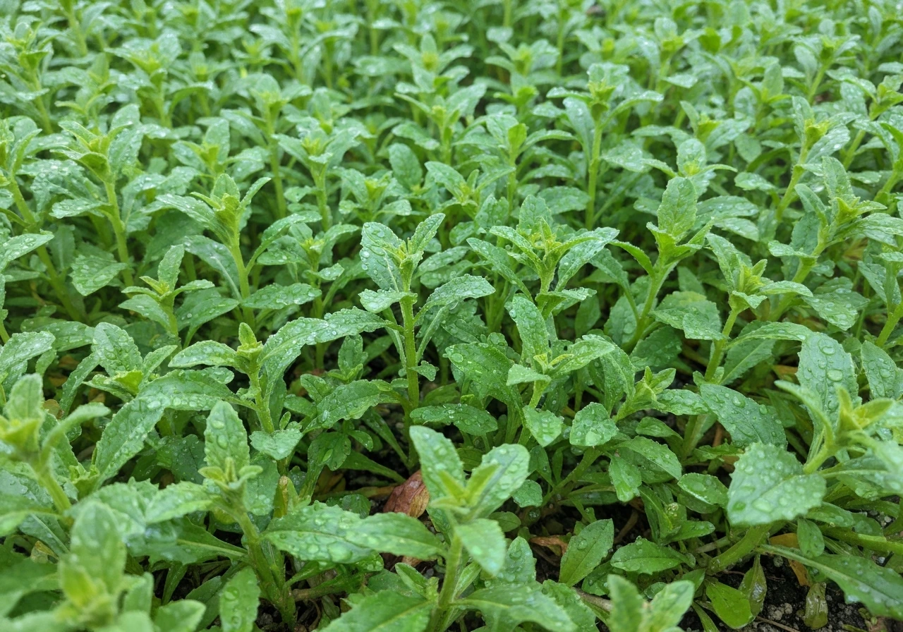 Pelouse humide avec rosée et mauvaises herbes visibles, gros plan naturel pour illustrer le désherbant sur herbe humide.