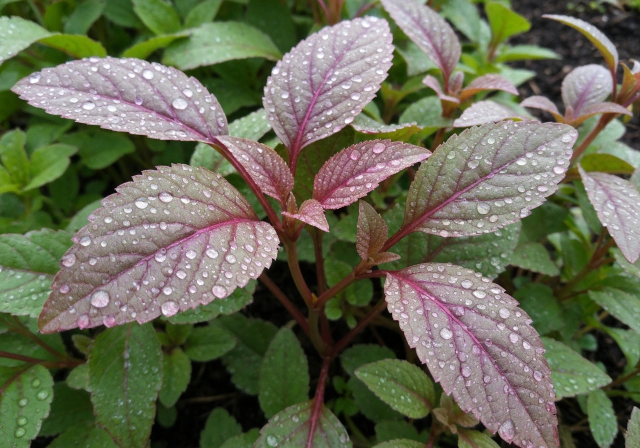 Gros plan sur une mauvaise herbe couverte de rosée, gouttelettes visibles sur les feuilles.