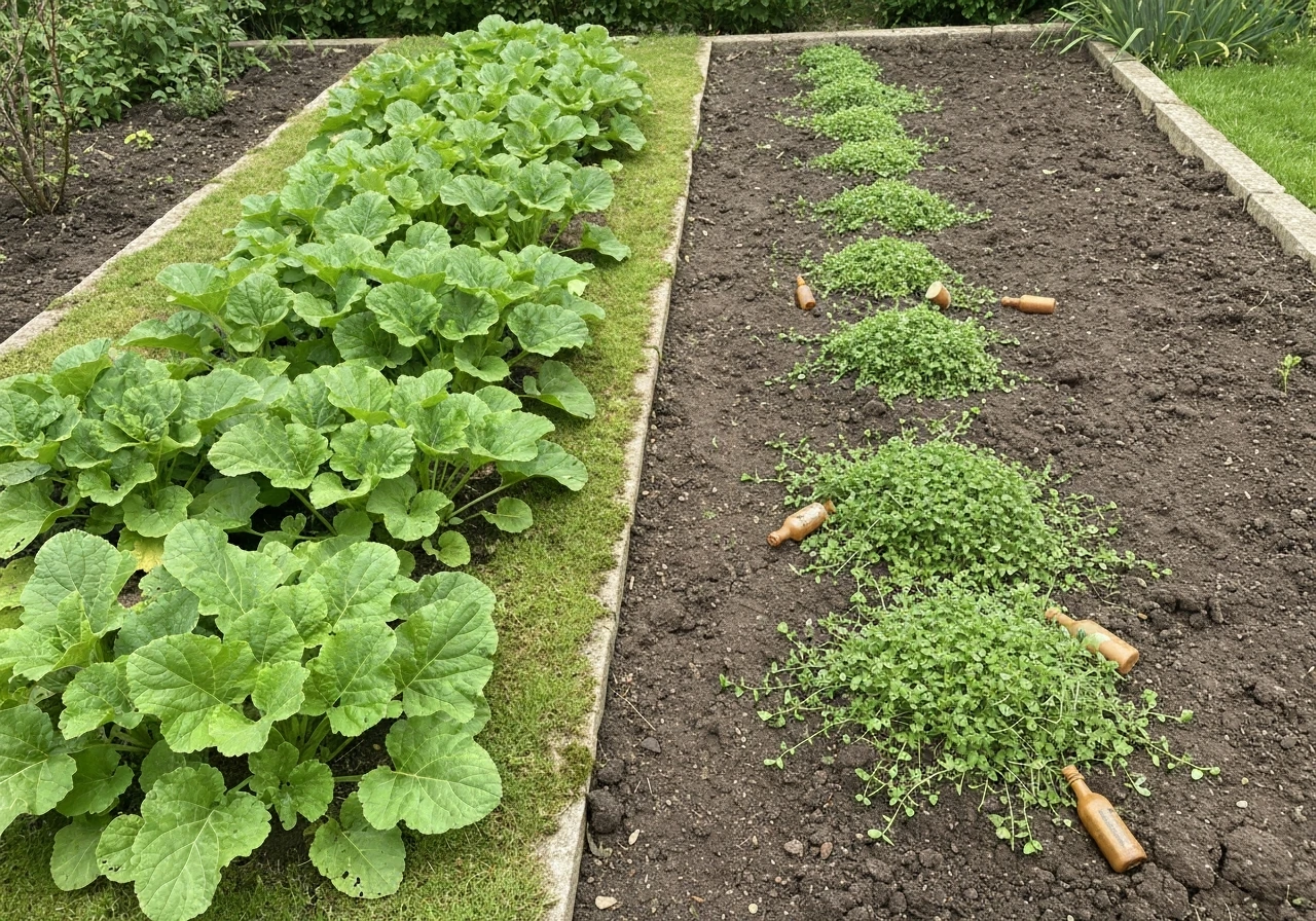 Pelouse divisée en deux : désherbant sélectif (mauvaises herbes flétries, gazon vert) vs produit total (gazon jauni).