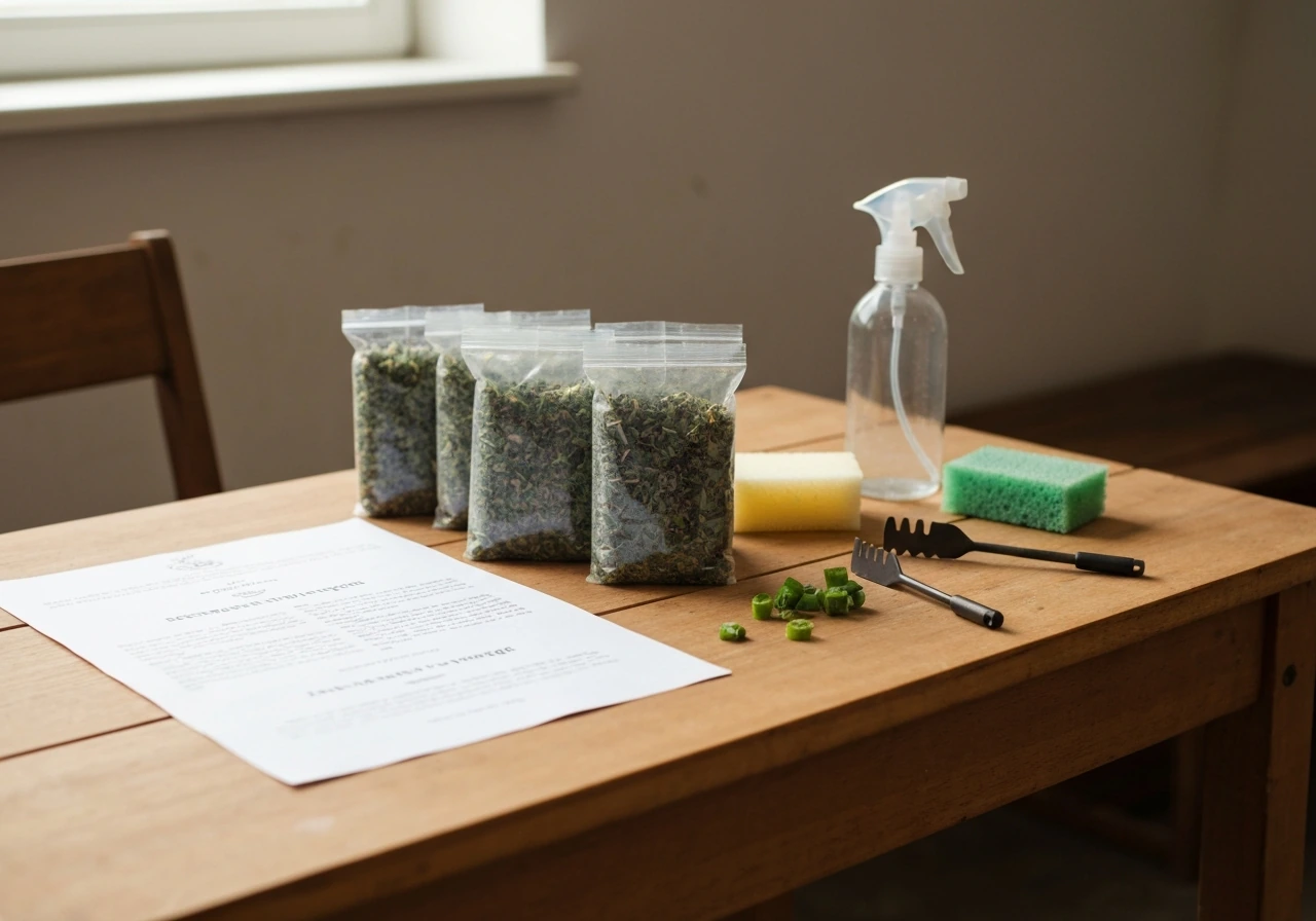 Table de jardinage avec sachets de désherbant et outils, évoquant l’humidité et le choix par zone.