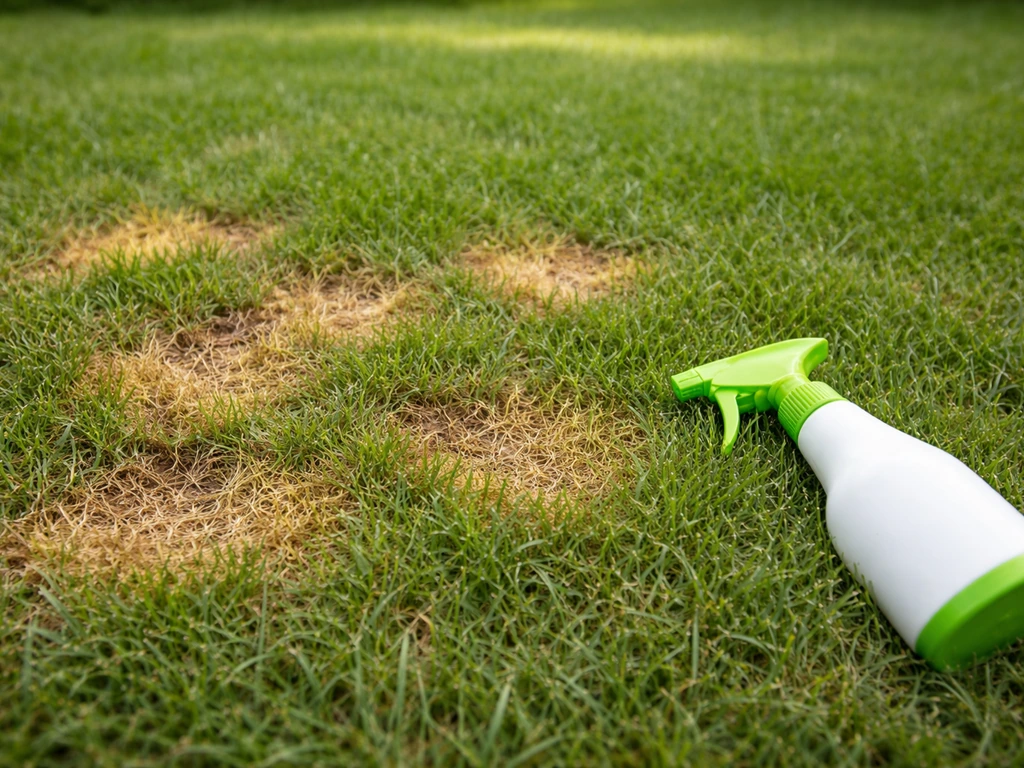 Pelouse avec taches jaunes et brunes après désherbage, zones brûlées et pulvérisateur au sol