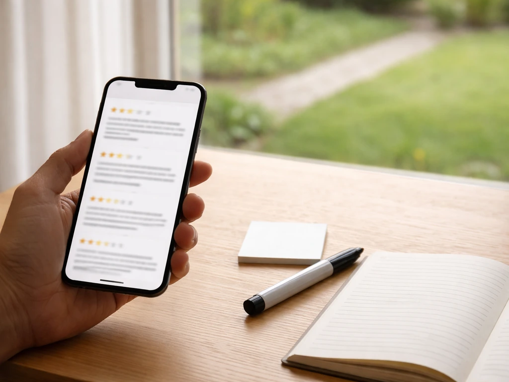 Main prenant un avis en ligne sur smartphone, tableau de contrôle mental, jardin en arrière-plan flou