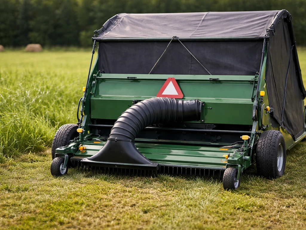 Arrière d’un ramasse-herbe tracté avec déflecteur en place et rampe d’aspiration réglée, avant le ramassage.