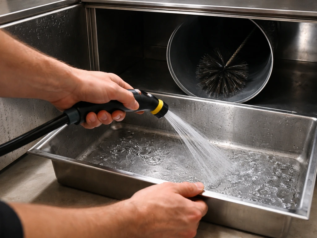 Nettoyage du conduit et du bac d’une hotte extérieure avec un jet d’eau, évitant les odeurs.