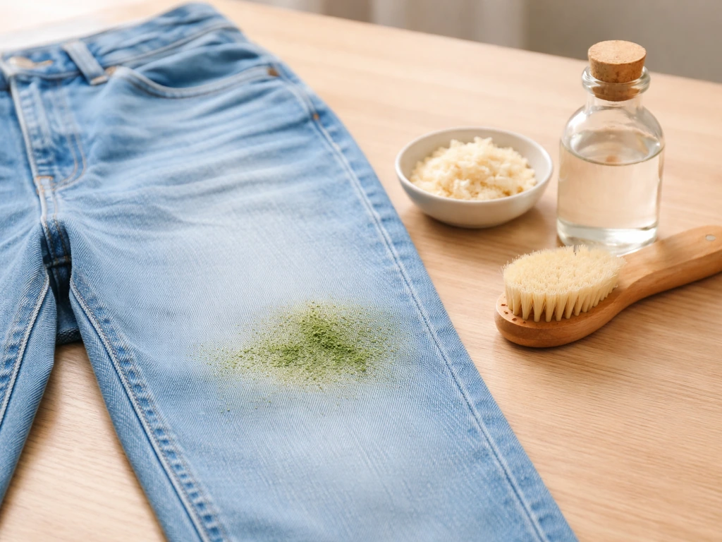 Jean en denim avec tache d’herbe, brosse douce et savon de Marseille à côté, vinaigre blanc en petit flacon.