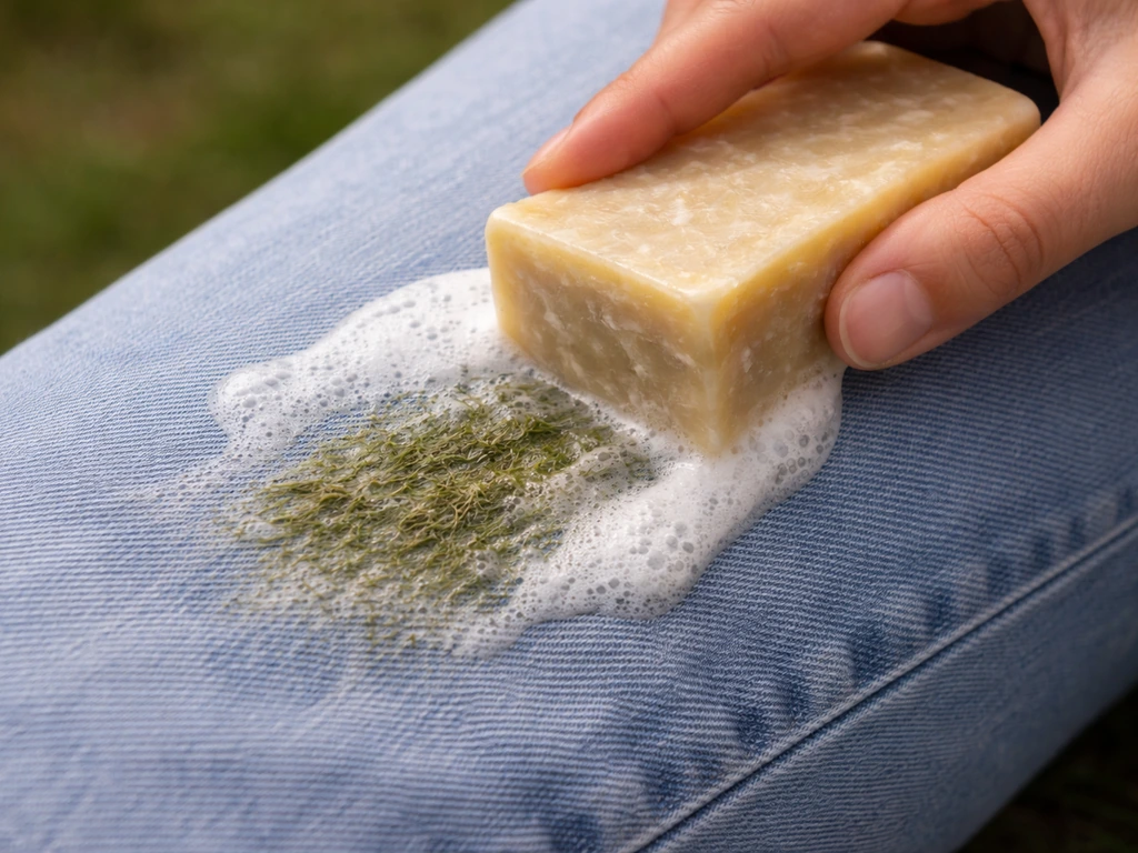 Gros plan d’un pain de savon de Marseille frottant une tache d’herbe humide sur un jean, avec mousse.