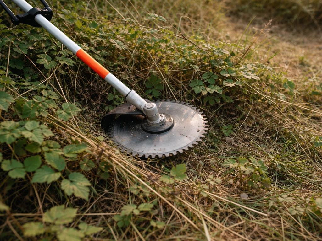 Débroussailleuse sur un terrain de broussailles, lame métallique visible, coupe une végétation dense.