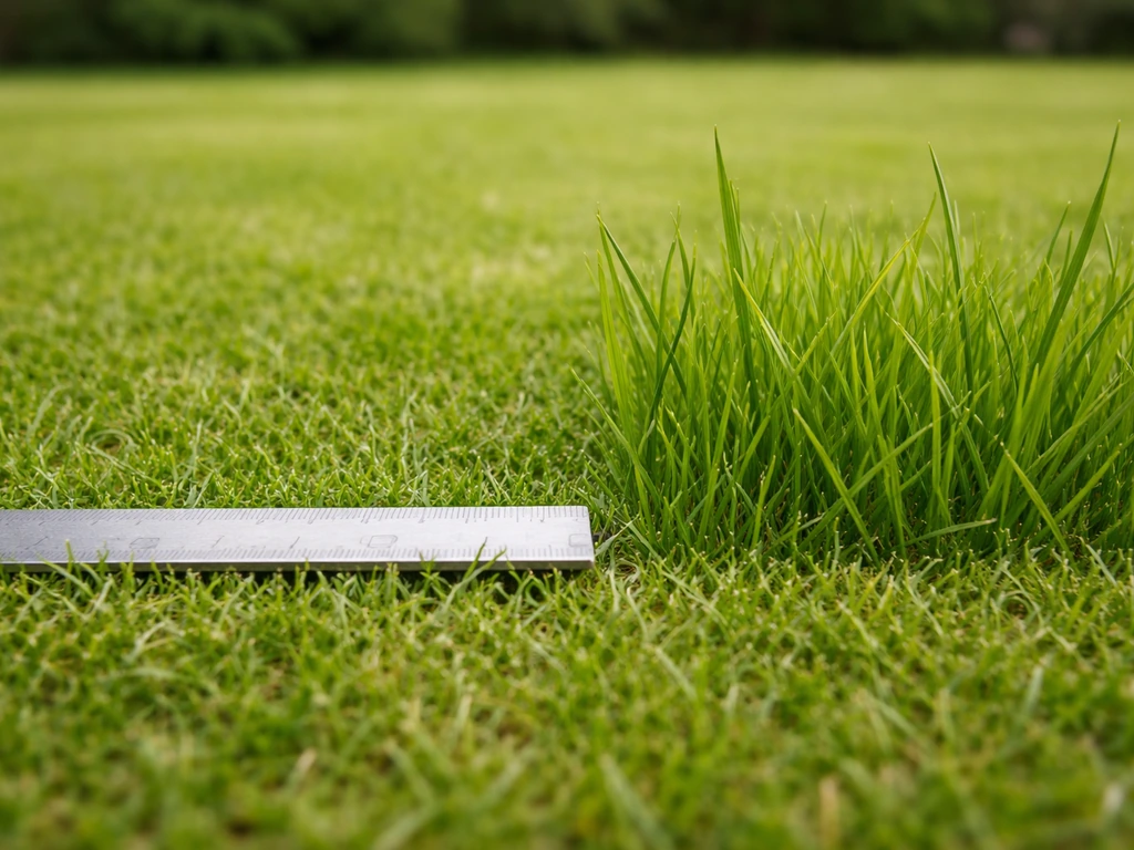 Pelouse verte avec une règle de jardin posée pour comparer deux hauteurs d’herbe (2–3 cm vs 3–5 cm).