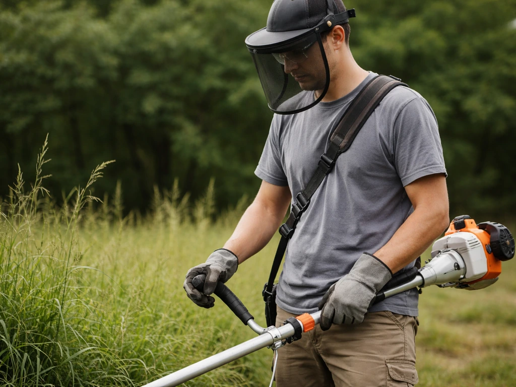 Personne anonyme portant gants et lunettes, tenant un strimmer à l’arrêt pour illustrer la sécurité.
