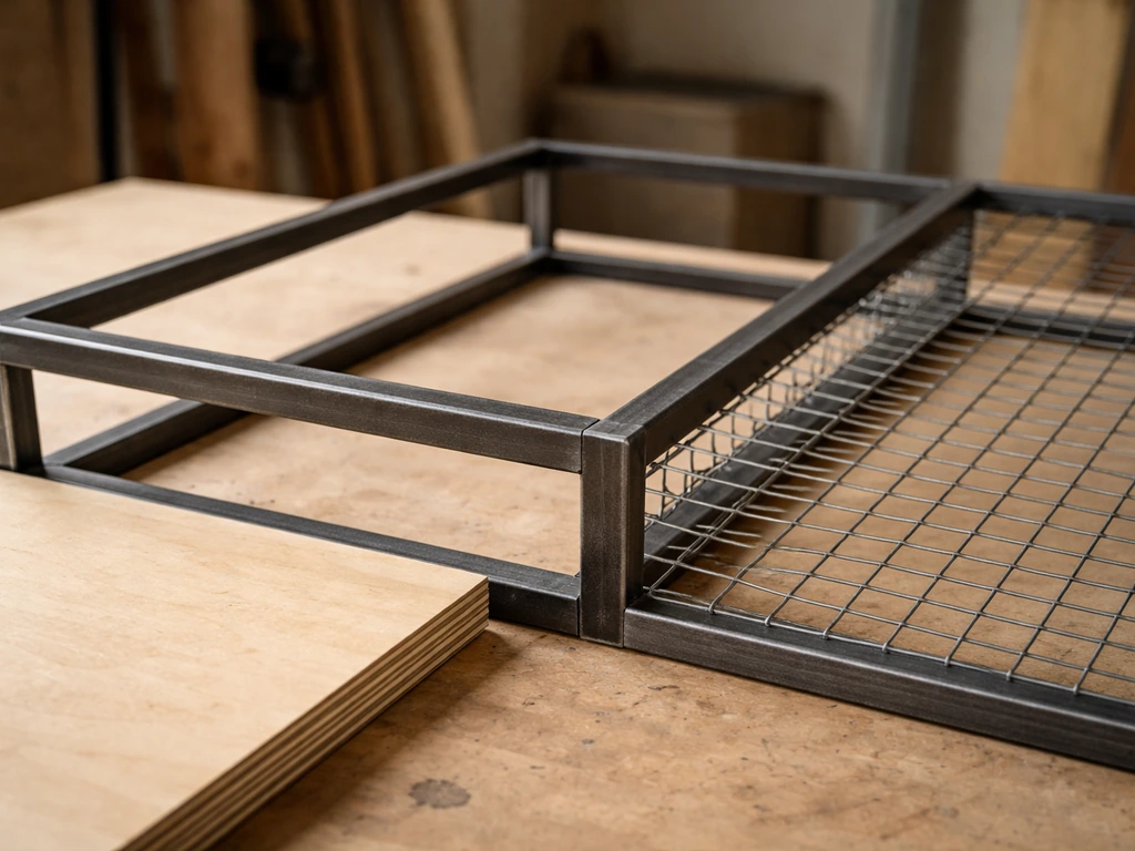 Châssis en tube acier 20x20 mm et panneaux côte à côte : contreplaqué marine 15 mm et grille métallique.