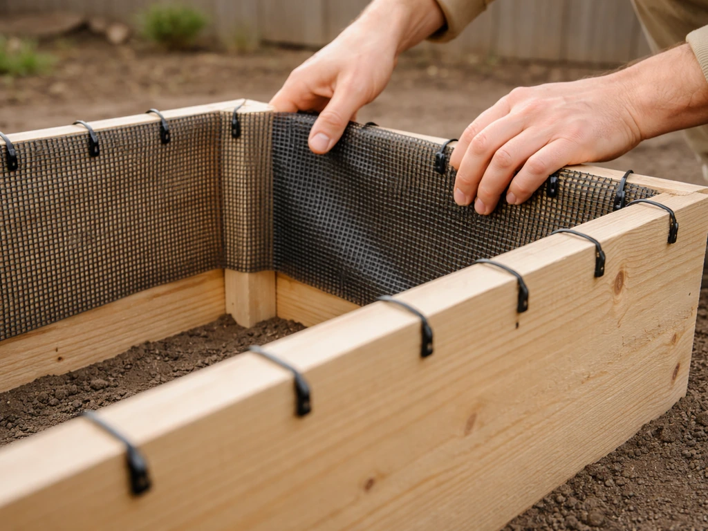 Netto filetted on a wooden garden frame, tensioned and fixed with plastic ties, front opening visible.