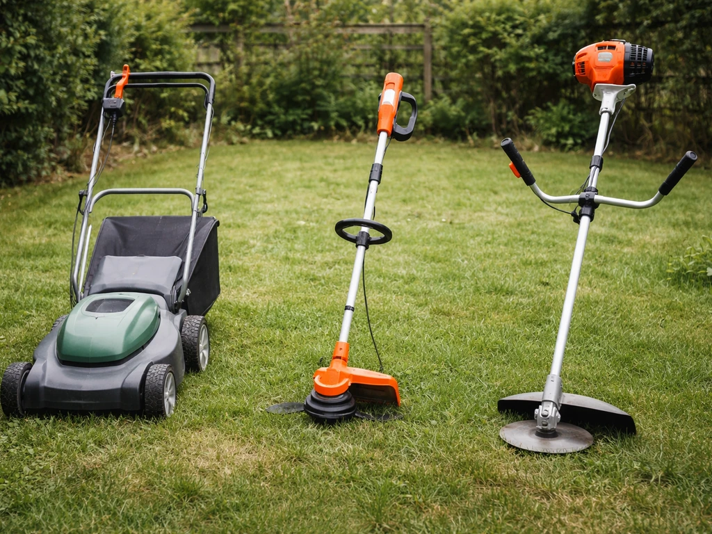Tondeuse compacte, coupe-bordures et débroussailleuse posées dans un petit jardin pour comparer.